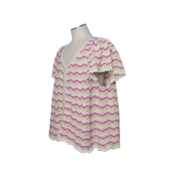 Torrid Women's Sz 6 Crochet Loose Knit Flutter Sleeve Zigzag Top Pink White EUC - Picture 9 of 16